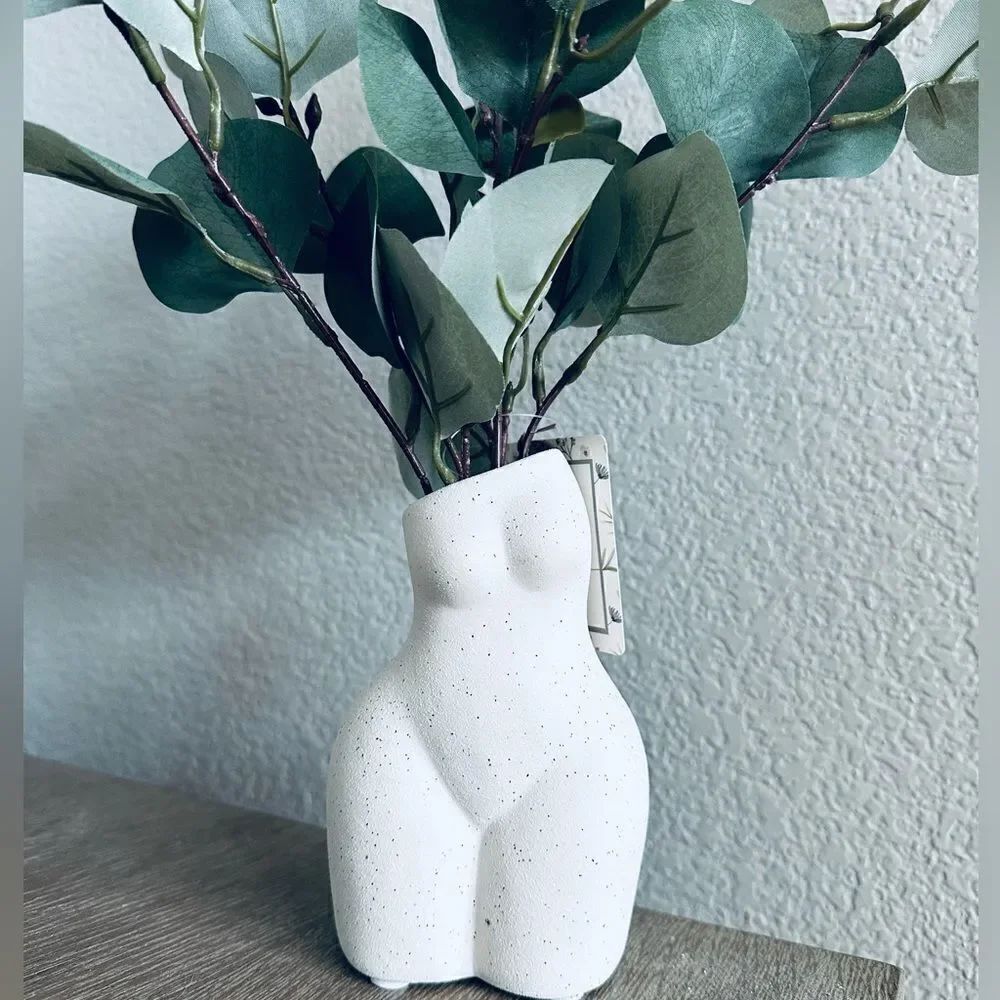 Ceramic Woman Torso Hips Figure Eucalyptus Plant in Vase Decor